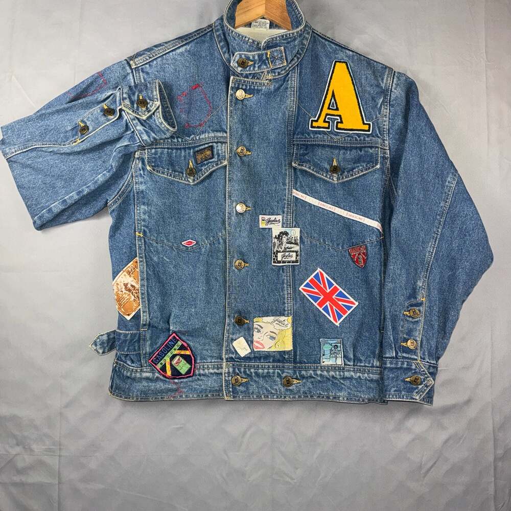 Gasoline Vintage Junior Size S Multi-Patch Denim Jacket with Yellow Letter A
